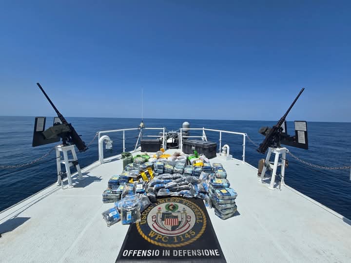 250323-N-NO146-1001 ARABIAN SEA (March 23, 2025) Illegal narcotics seized from a stateless vessel are stacked on the deck of the U.S. Coast Guard Sentinel-class fast response cutter USCGC Emlen Tunnell (WPC 1145) in the Arabian Sea. (Official U.S. Coast Guard photo)