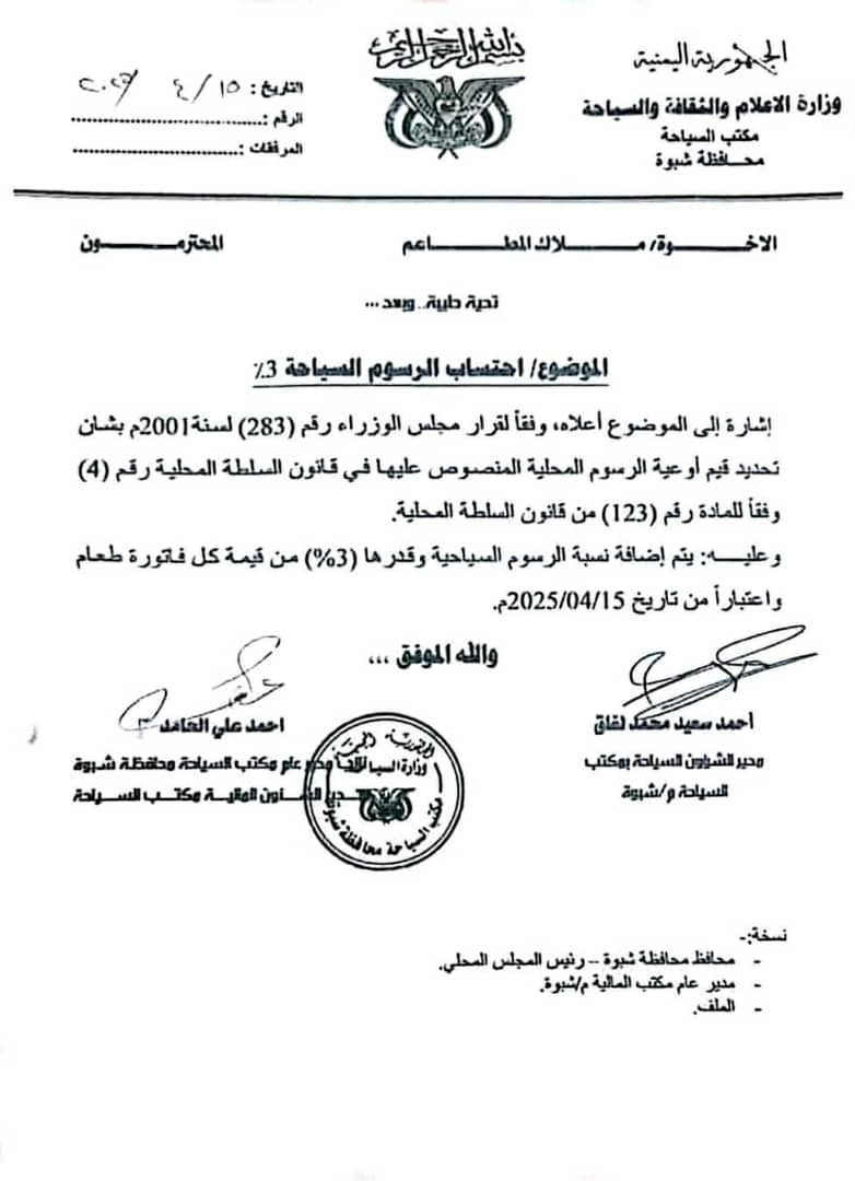 سلطة ابن الوزير لم تكتفِ بنهب ثروات شبوة.. بل فرضت رسوم  غير قانونية على فواتير المطاعم