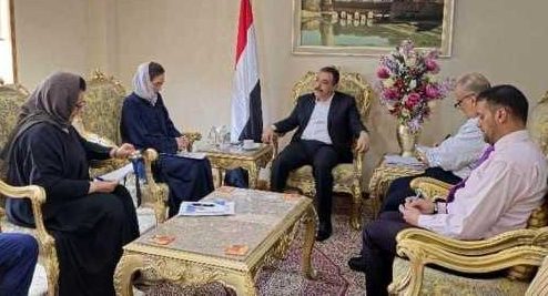 لقاء جمال عامر وزير خارجية صنعاء مع القائمة بأعمال رئيس بعثة الأمم المتحدة لدعم اتفاق الحديدة "أونمها" ماري ياماشيتا.